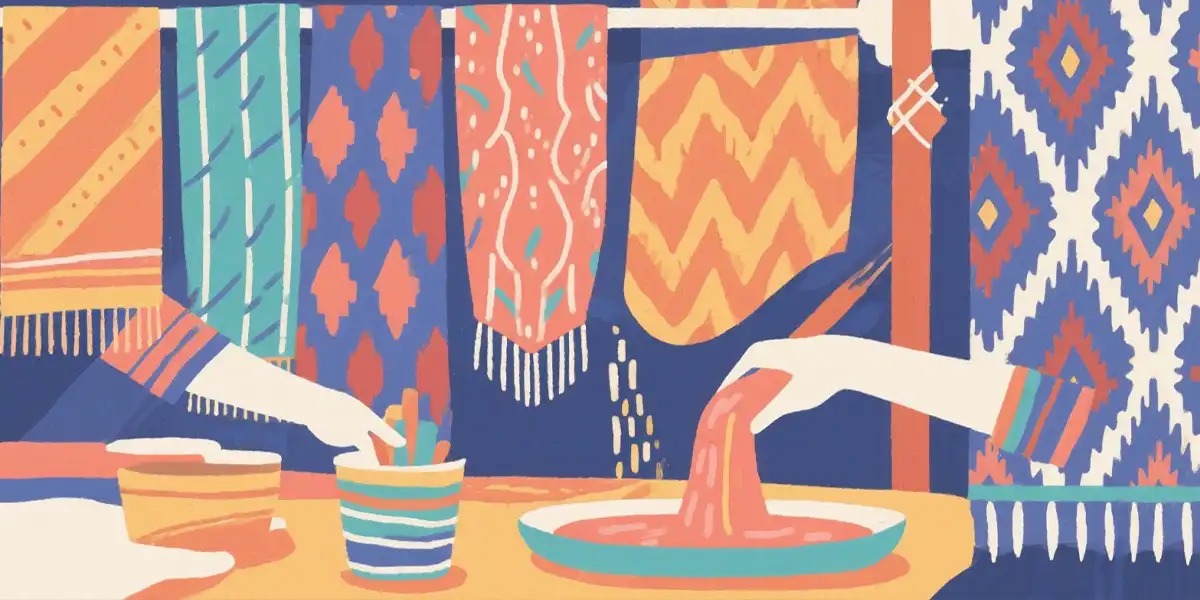 intricate Ikat weaving process, traditional hand-dyed threads colorful red blue yellow patterns, skilled artisan hands loom work dyeing resist tying method, vibrant green purple orange yarns tight knots wooden spool, loom weaving stage adjusting colorful blue green yellow threads wooden frame, pattern alignment check inspecting red yellow blue woven design precision, cultural textile heritage craft illustration, modern traditional technique focus, dynamic color contrast harmony balance, ethnic fabric creation preparation art, detailed thread alignment accuracy concept, contemporary weaving mastery depiction