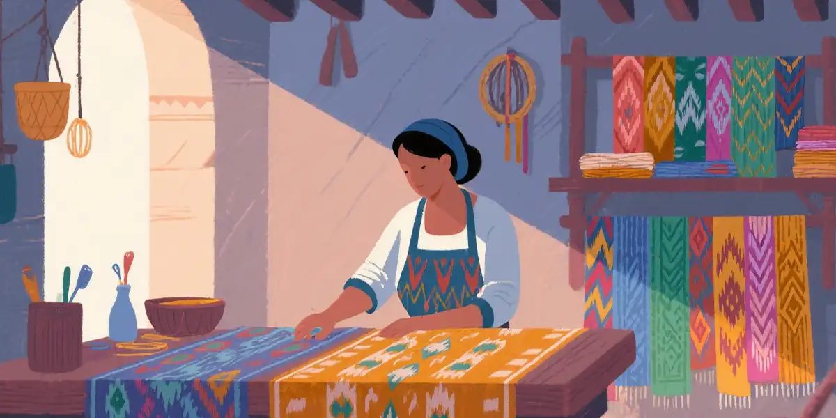 intricate Ikat weaving process, traditional hand-dyed threads colorful red blue yellow patterns, skilled artisan hands loom work dyeing resist tying method, vibrant green purple orange yarns tight knots wooden spool, loom weaving stage adjusting colorful blue green yellow threads wooden frame, pattern alignment check inspecting red yellow blue woven design precision, cultural textile heritage craft illustration, modern traditional technique focus, dynamic color contrast harmony balance, ethnic fabric creation preparation art, detailed thread alignment accuracy concept, contemporary weaving mastery depiction