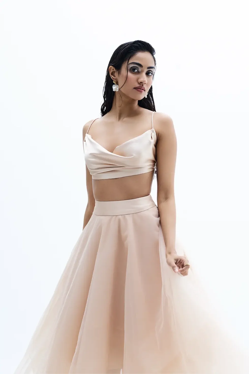 Aelora Beige Organza Mesh Dress, Top And Skirt Set, Women Sleeveless Tops, Organza Skirt And Top, Women’s Western Skirt And Top Set, Party Wear Top And Skirt, Sepia Stories