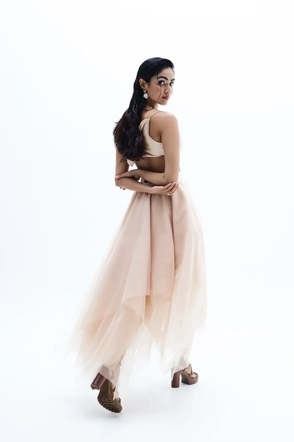 Aelora Beige Organza Mesh Dress, Top And Skirt Set, Women Sleeveless Tops, Organza Skirt And Top, Women’s Western Skirt And Top Set, Party Wear Top And Skirt, Sepia Stories