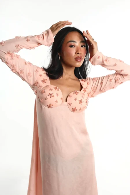 eco friendly chiffon dress, peach chiffon outfit, sustainable fashion, Amour dress, eco clothing, chiffon gown, women’s sustainable wear, elegant peach dress, eco style, chiffon fashion