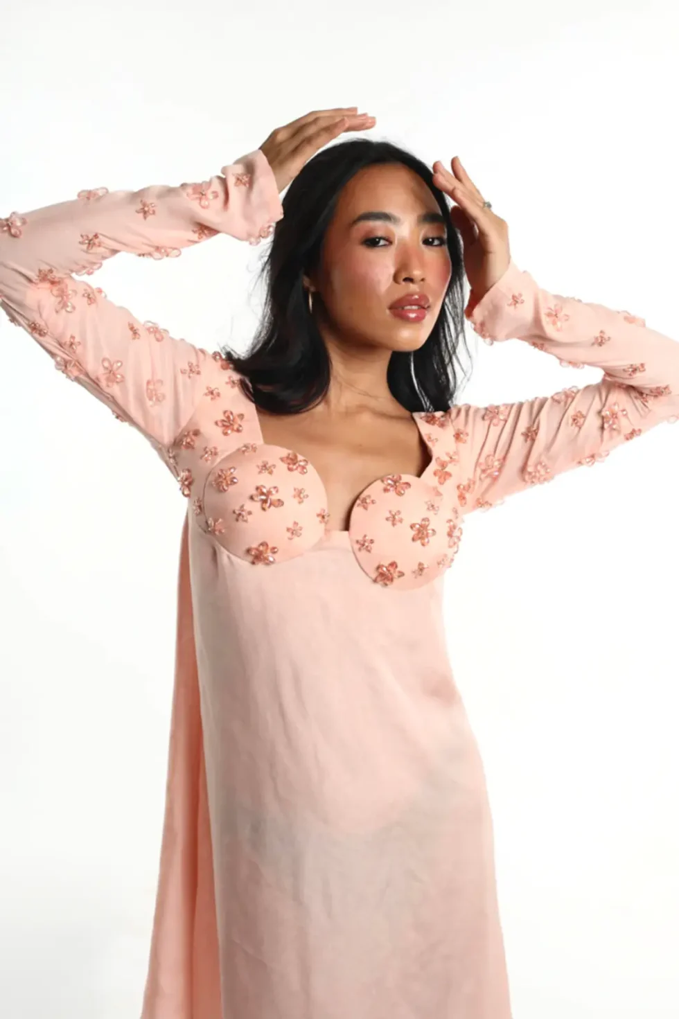 eco friendly chiffon dress, peach chiffon outfit, sustainable fashion, Amour dress, eco clothing, chiffon gown, women’s sustainable wear, elegant peach dress, eco style, chiffon fashion