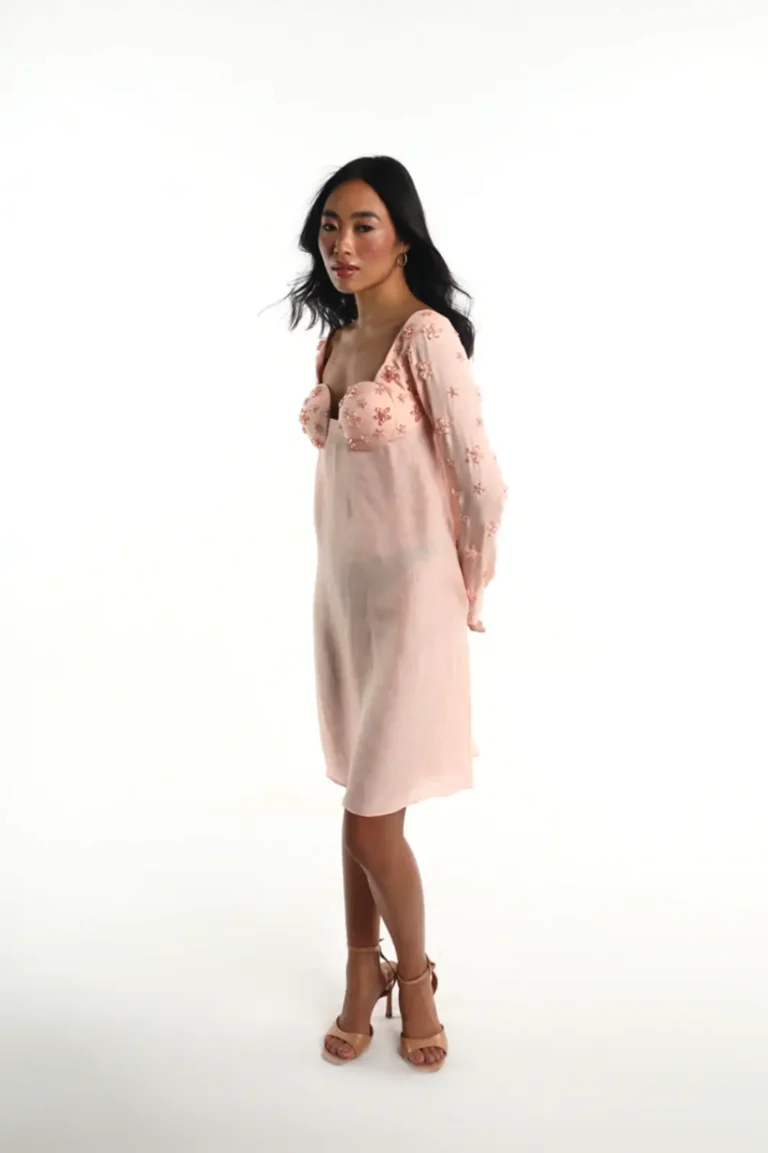 eco friendly chiffon dress, peach chiffon outfit, sustainable fashion, Amour dress, eco clothing, chiffon gown, women’s sustainable wear, elegant peach dress, eco style, chiffon fashion