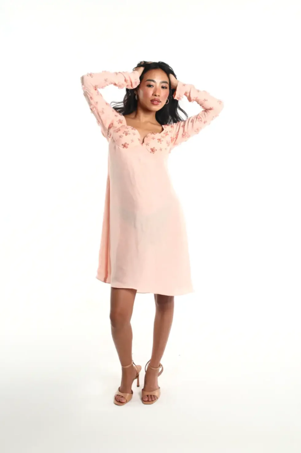 eco friendly chiffon dress, peach chiffon outfit, sustainable fashion, Amour dress, eco clothing, chiffon gown, women’s sustainable wear, elegant peach dress, eco style, chiffon fashion