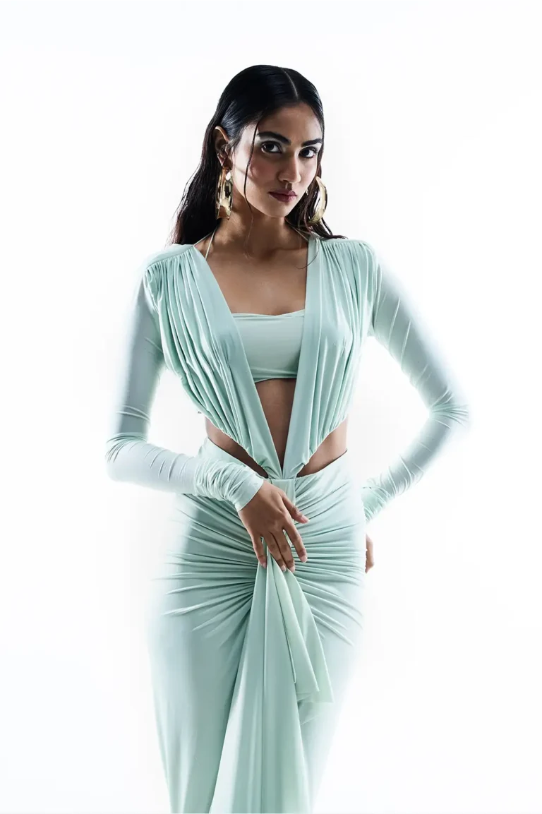 Ara Mint Blue Lycra Dress, Bustier Dress, Lycra Dress, Long Sleeve V Neck Dress, Women’s Blue Long Dress, Party Wear Long Dress, Aqua Blue Dress, Sepia Stories