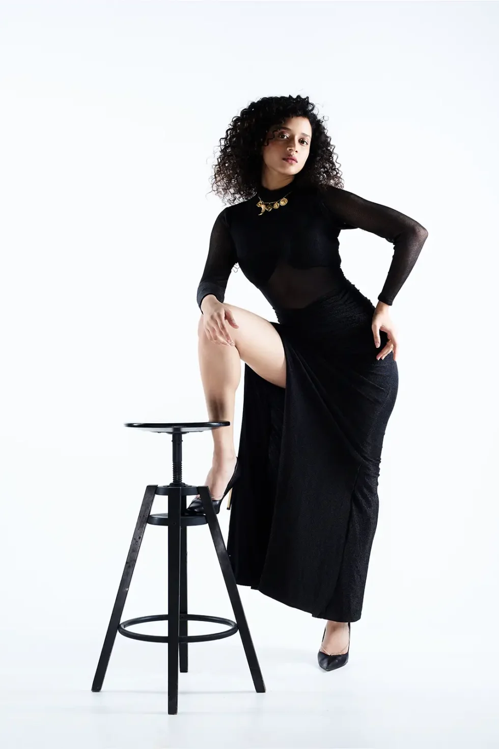 Astra Black Mesh Dress, Black Shimmer Dress, Black Long One Piece Dress, Long Side Slit Dress, Long Sleeve High Neck Long Dress, Party Wear Black Gown, Sepia Stories