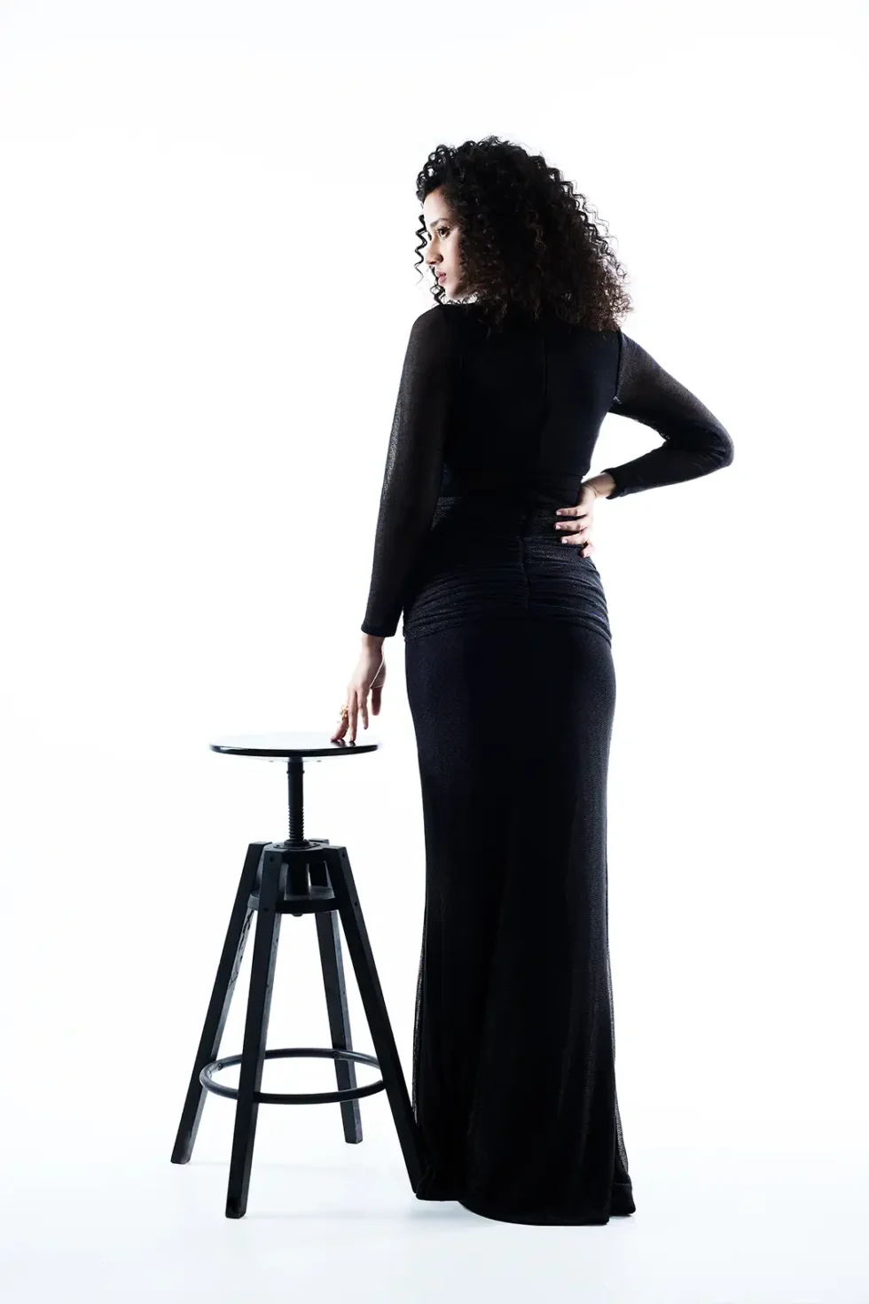 Astra Black Mesh Dress, Black Shimmer Dress, Black Long One Piece Dress, Long Side Slit Dress, Long Sleeve High Neck Long Dress, Party Wear Black Gown, Sepia Stories