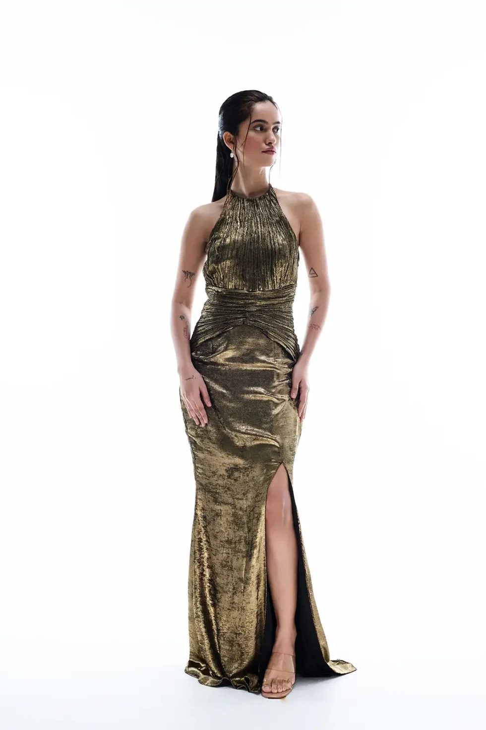 Aurela Lycra Gold Dress, Golden Long Dress, Long Side Slit Dress, Crepe Dress For Women, High Neck Sleeveless Dress, Party Wear Long Dress, Gown For Women, Sepia Stories