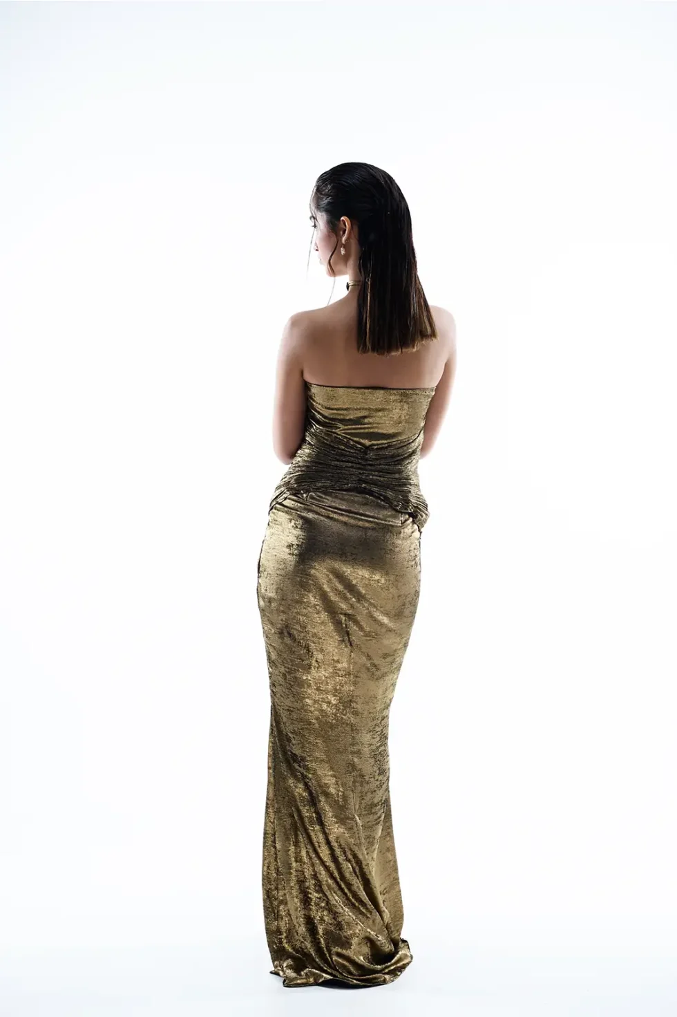 Aurela Lycra Gold Dress, Golden Long Dress, Long Side Slit Dress, Crepe Dress For Women, High Neck Sleeveless Dress, Party Wear Long Dress, Gown For Women, Sepia Stories
