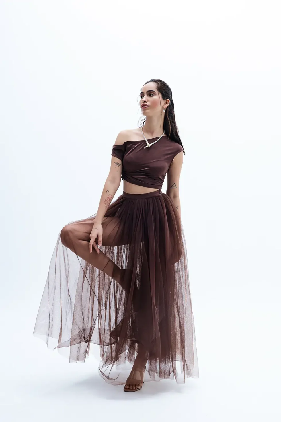 Caldra Brown Mesh Top And Net Skirt, Brown Top And Skirt, Off Shoulder Top With Skirt, Party Wear Top And Skirt, Women’s Matching Long Skirt And Top Set, Sepia Stories