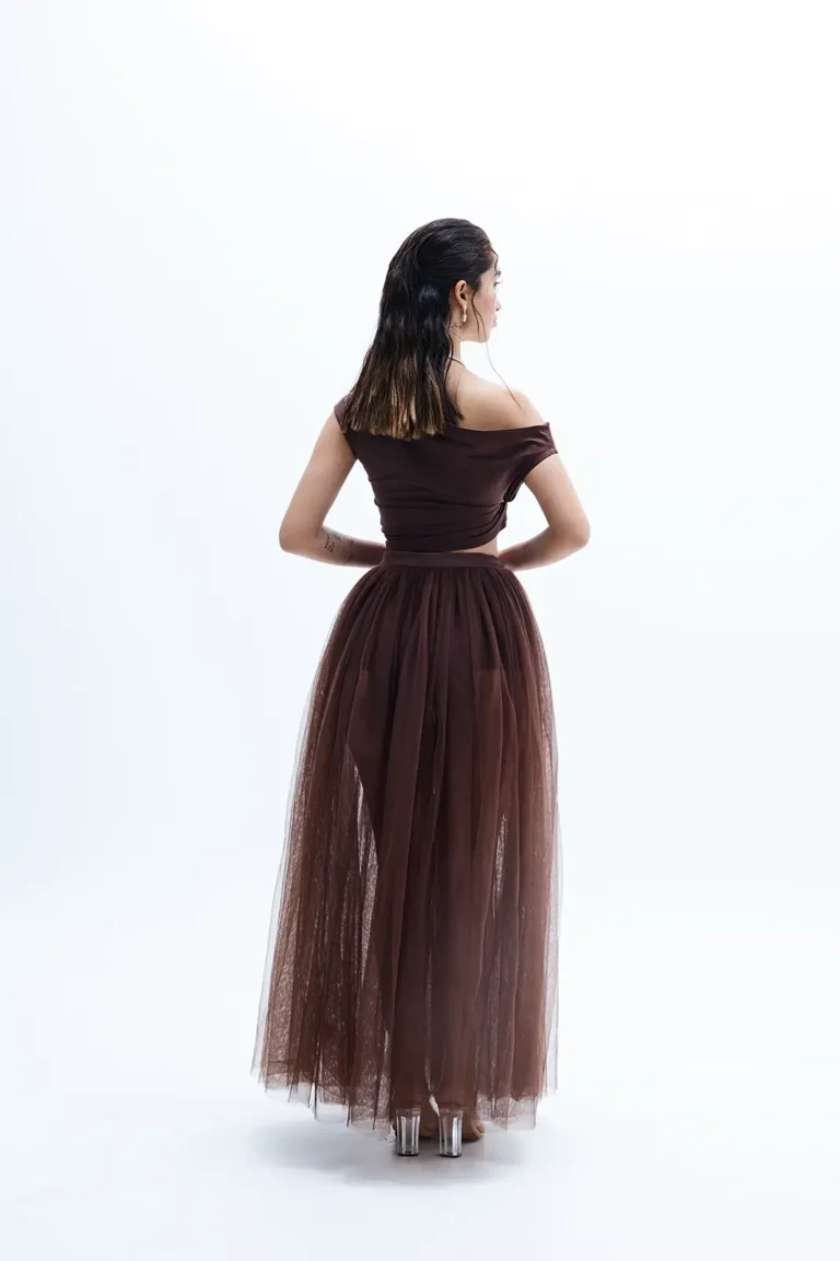 Caldra Brown Mesh Top And Net Skirt, Brown Top And Skirt, Off Shoulder Top With Skirt, Party Wear Top And Skirt, Women’s Matching Long Skirt And Top Set, Sepia Stories