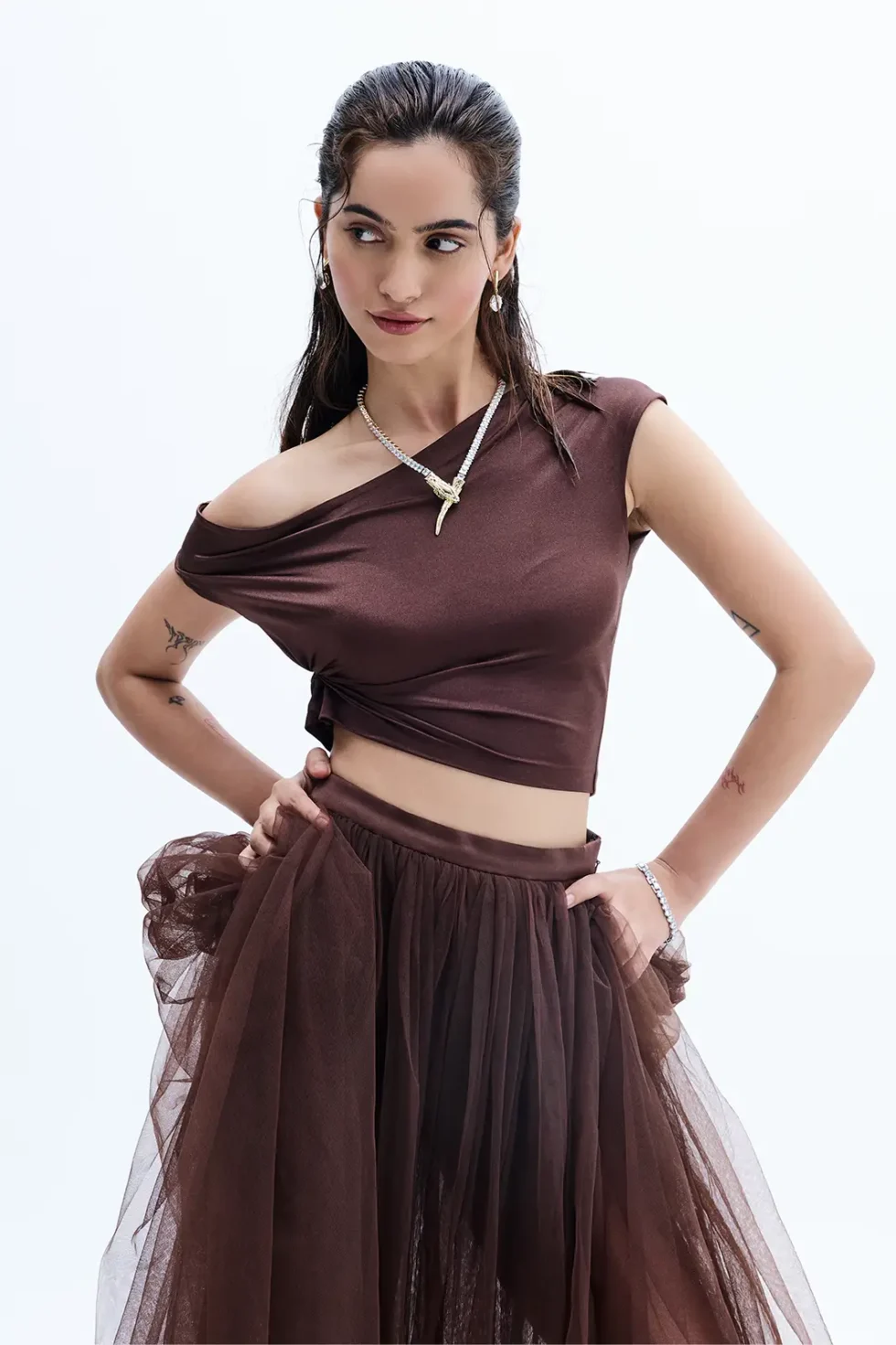 Caldra Brown Mesh Top And Net Skirt, Brown Top And Skirt, Off Shoulder Top With Skirt, Party Wear Top And Skirt, Women’s Matching Long Skirt And Top Set, Sepia Stories