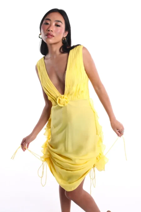 sustainable chiffon dress, yellow chiffon outfit, eco friendly fashion, Canary dress, women’s sustainable wear, chiffon gown, elegant yellow dress, eco fashion, flowy chiffon dress, summer style