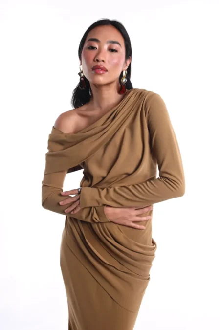 sustainable georgette dress, brown scuba dress, eco friendly fashion, Caramella dress, sustainable clothing, women’s georgette outfit, eco style, elegant brown dress, sustainable wear, scuba georgette fashion