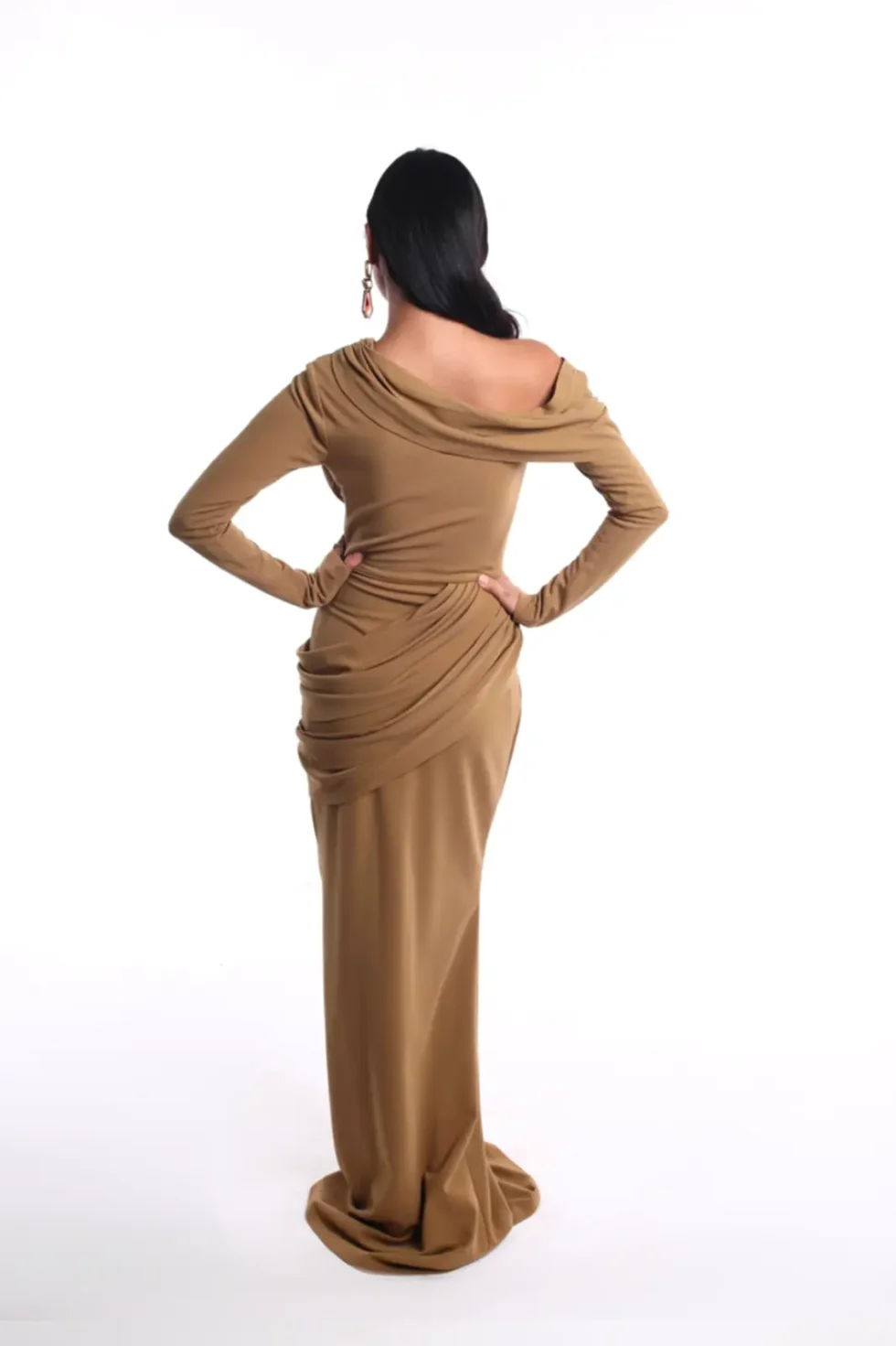 sustainable georgette dress, brown scuba dress, eco friendly fashion, Caramella dress, sustainable clothing, women’s georgette outfit, eco style, elegant brown dress, sustainable wear, scuba georgette fashion