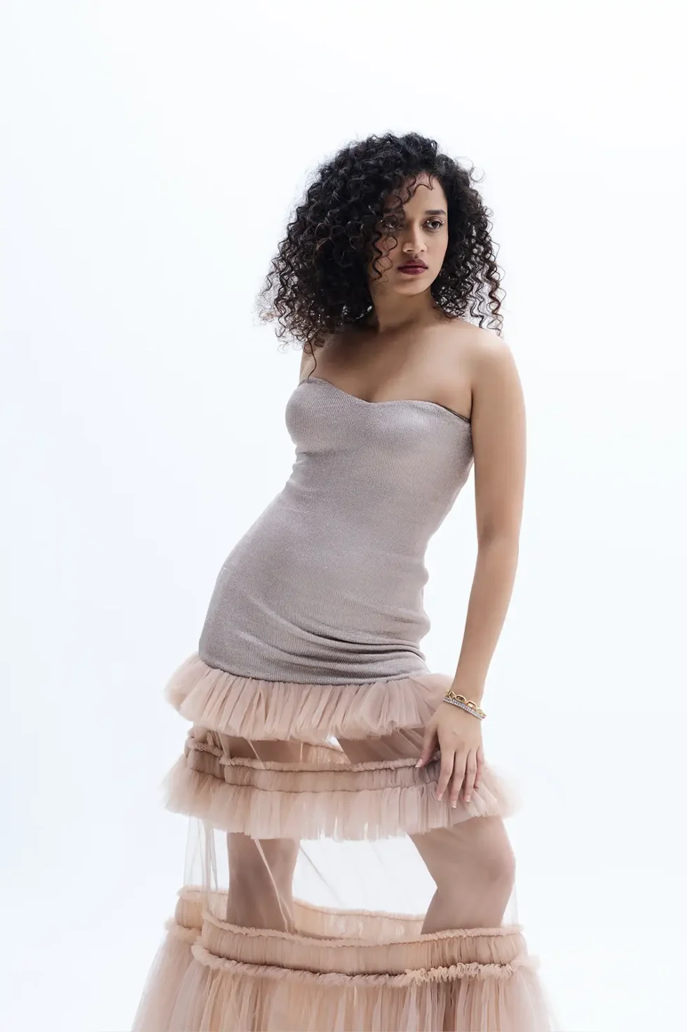 Carina Doll Net Ruffle Dress, Shimmer Dress For Party, Bodycon Strapless Dress, Layered Ruffle Dress, Women Long Dress For Party, Long Shimmer Dress, Sepia Stories