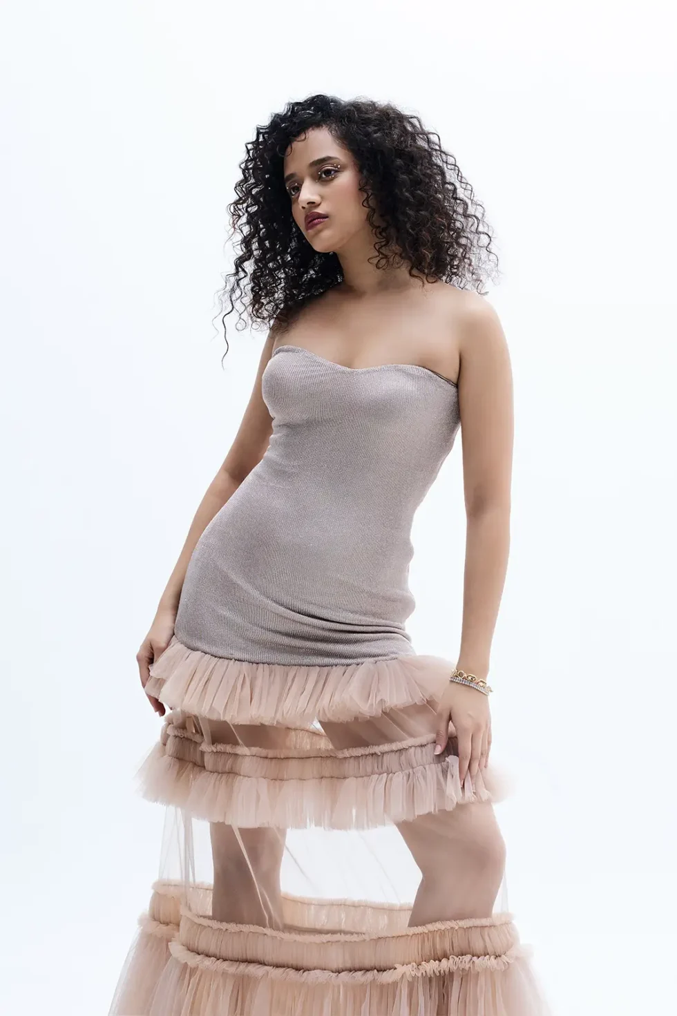 Carina Doll Net Ruffle Dress, Shimmer Dress For Party, Bodycon Strapless Dress, Layered Ruffle Dress, Women Long Dress For Party, Long Shimmer Dress, Sepia Stories