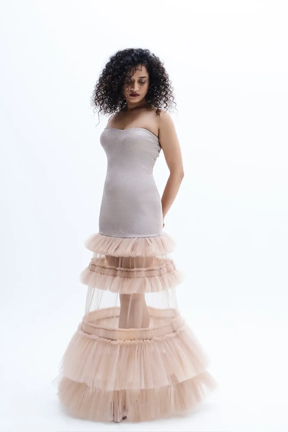 Carina Doll Net Ruffle Dress, Shimmer Dress For Party, Bodycon Strapless Dress, Layered Ruffle Dress, Women Long Dress For Party, Long Shimmer Dress, Sepia Stories