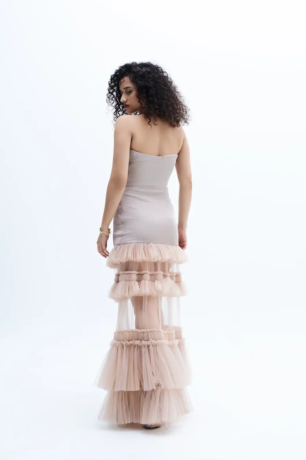 Carina Doll Net Ruffle Dress, Shimmer Dress For Party, Bodycon Strapless Dress, Layered Ruffle Dress, Women Long Dress For Party, Long Shimmer Dress, Sepia Stories