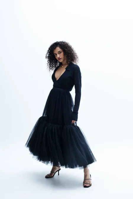 Dalia Black Mesh Top And Net Flare Skirt, Deep V Neck Top, Black Full Sleeve Top And Skirt, Net Skirt And Top, Party Wear Top And Skirt, Black Collar Top, Matching Top And Skirt Sets For Women, Sepia Stories