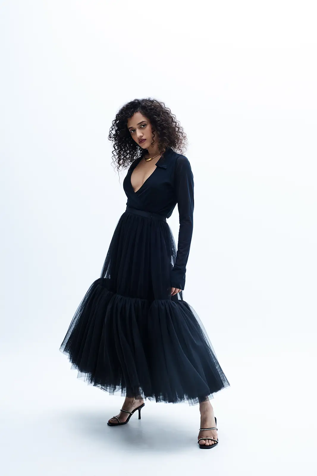 Dalia Black Mesh Top And Net Flare Skirt | Party Wear