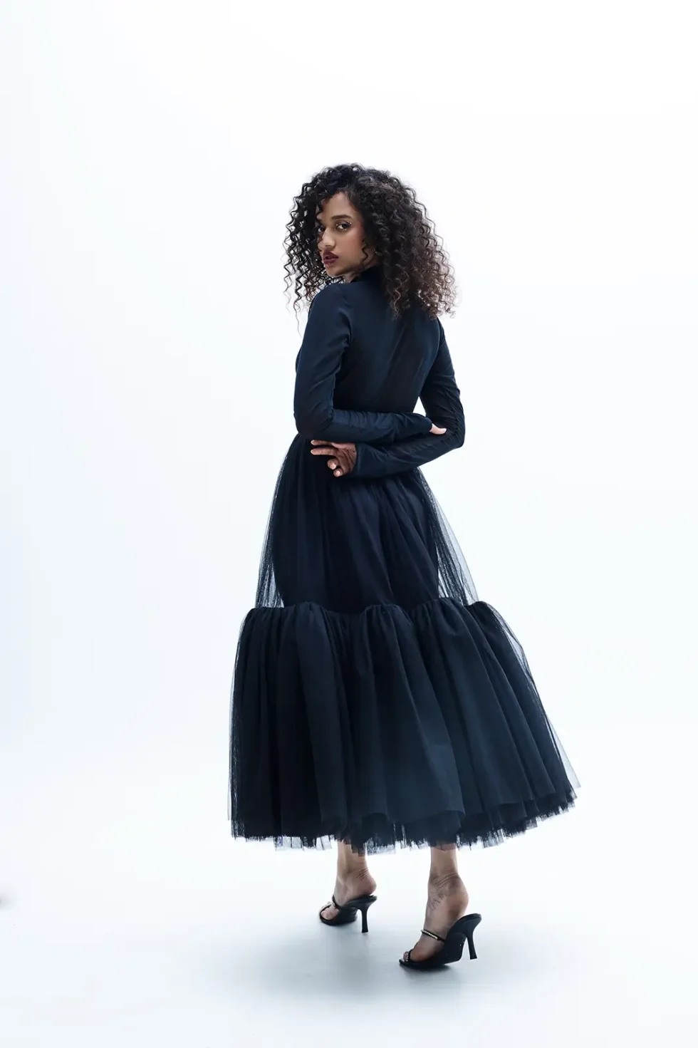 Dalia Black Mesh Top And Net Flare Skirt, Deep V Neck Top, Black Full Sleeve Top And Skirt, Net Skirt And Top, Party Wear Top And Skirt, Black Collar Top, Matching Top And Skirt Sets For Women, Sepia Stories