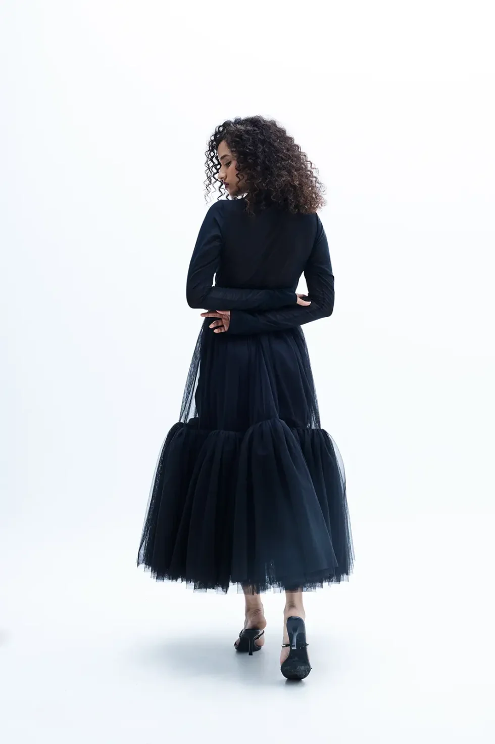 Dalia Black Mesh Top And Net Flare Skirt, Deep V Neck Top, Black Full Sleeve Top And Skirt, Net Skirt And Top, Party Wear Top And Skirt, Black Collar Top, Matching Top And Skirt Sets For Women, Sepia Stories