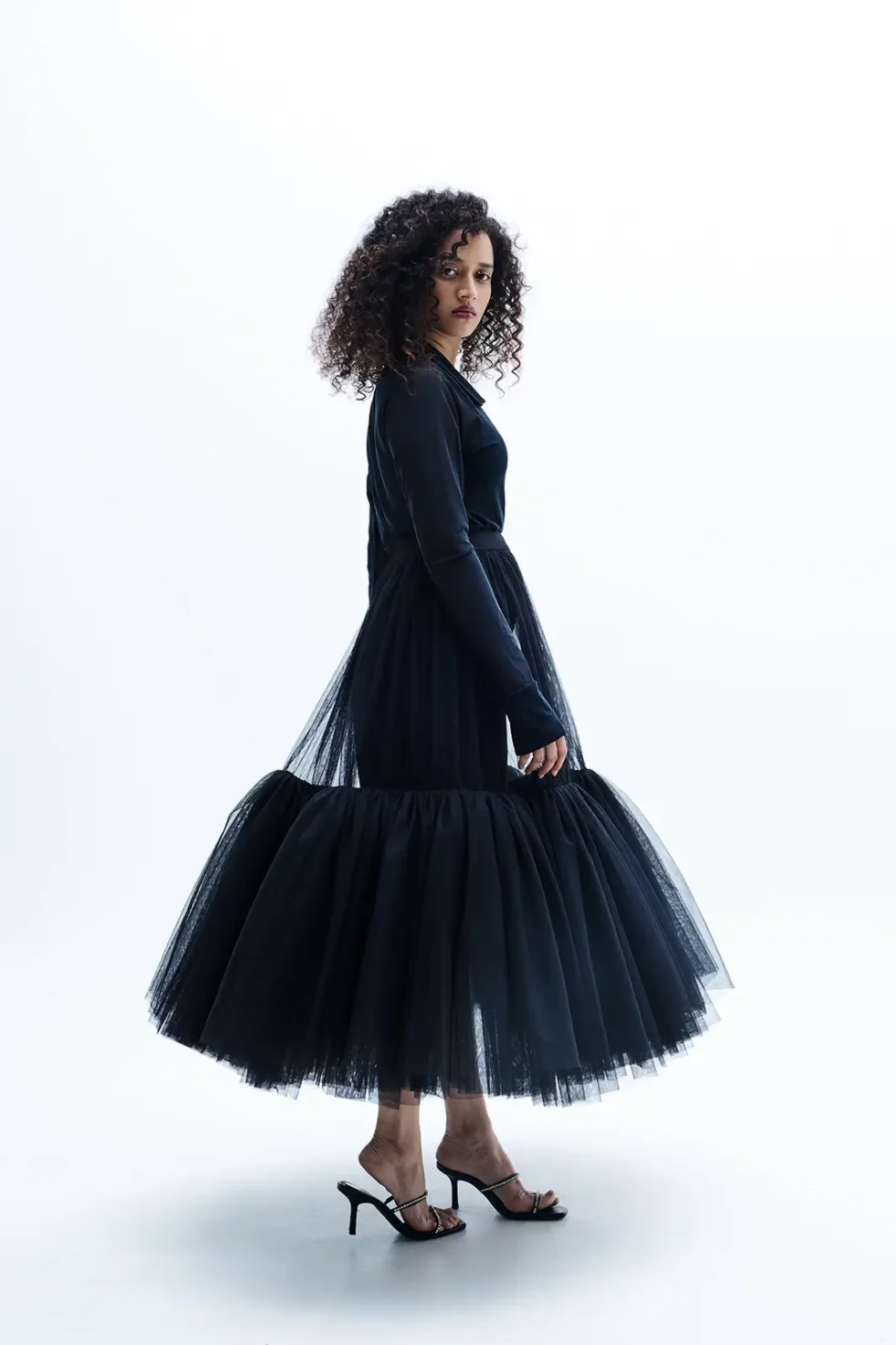 Dalia Black Mesh Top And Net Flare Skirt, Deep V Neck Top, Black Full Sleeve Top And Skirt, Net Skirt And Top, Party Wear Top And Skirt, Black Collar Top, Matching Top And Skirt Sets For Women, Sepia Stories