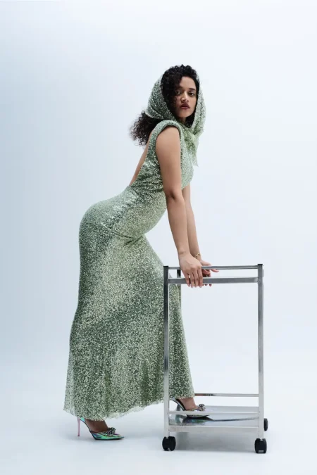 Dorelle Green Shimmer Sequins Dress, Green Shimmer Dress For Women, Women’s Backless Dress, Pastel Green Dress, Party Wear Long Dress, Sleeveless Long Dress, Sepia Stories