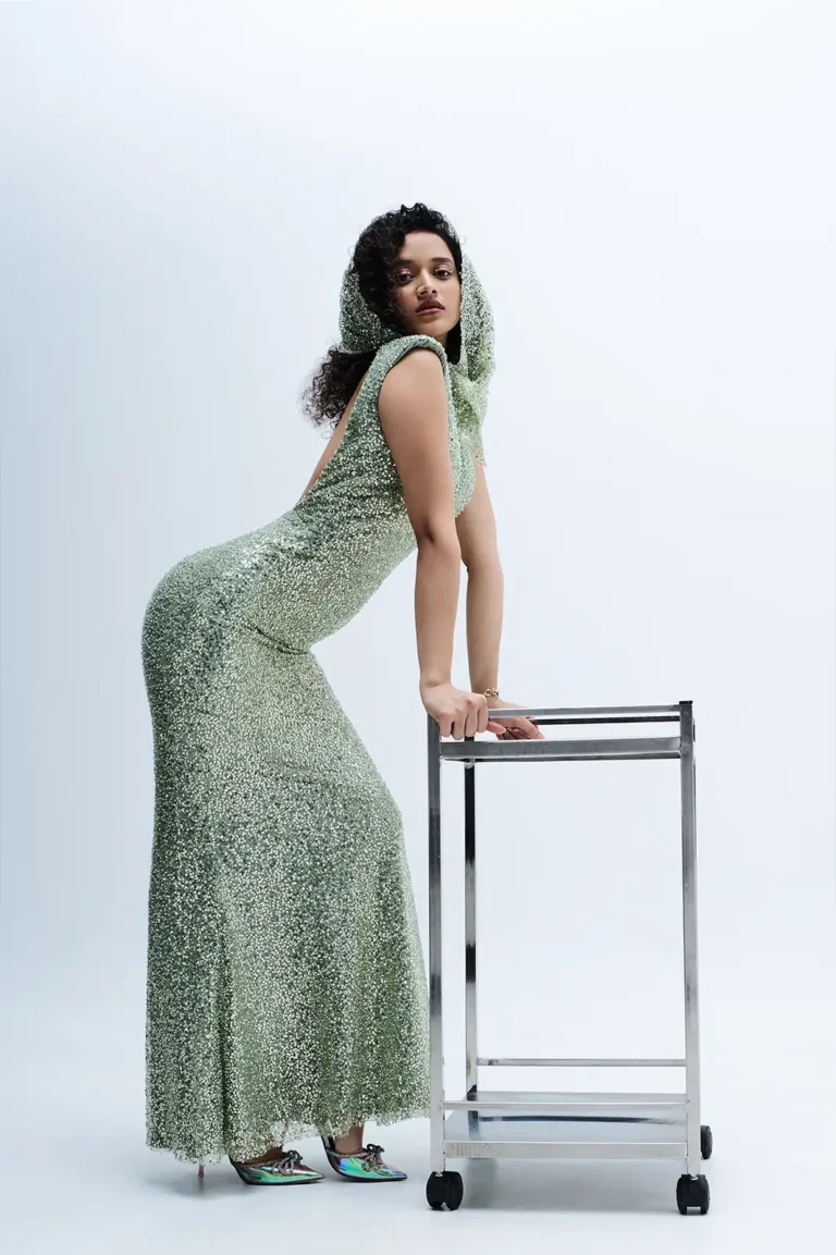 Dorelle Green Shimmer Sequins Dress, Green Shimmer Dress For Women, Women’s Backless Dress, Pastel Green Dress, Party Wear Long Dress, Sleeveless Long Dress, Sepia Stories