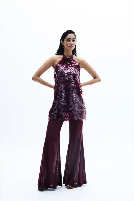 Drexa Wine Sequins Top And Flare Pants, Top And Pants Set, Wedding Dress, Woman Sleeveless Top, High Neck Sleeveless Top, Bottom Pants, Women Clothing, Party Wear Top And Bottom Set, Sepia Stories