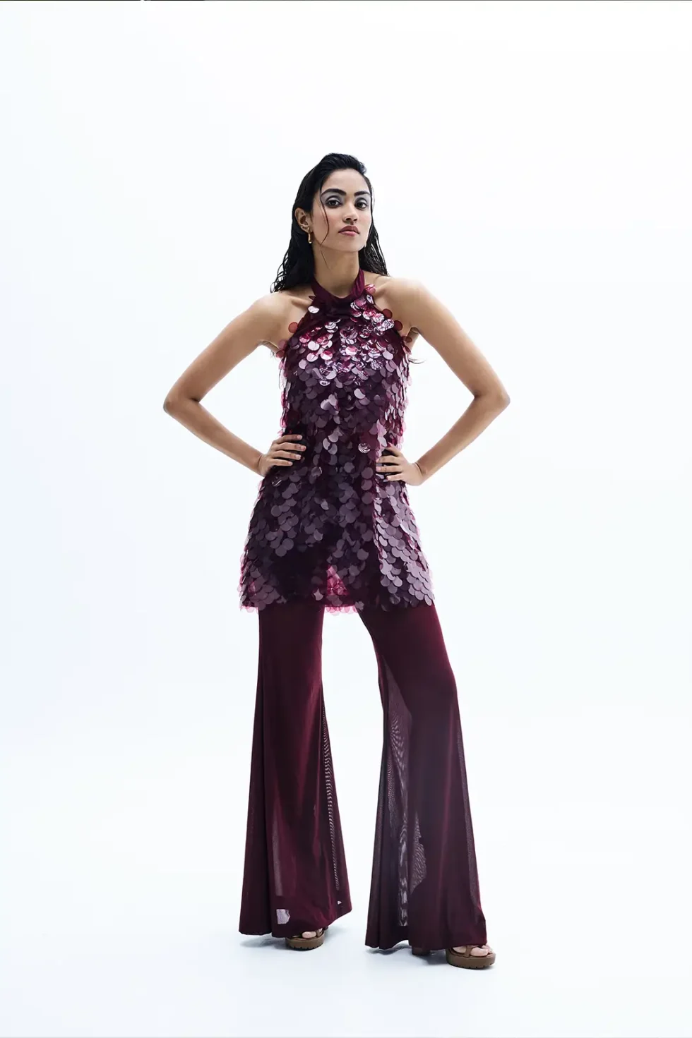 Drexa Wine Sequins Top And Flare Pants, Top And Pants Set, Wedding Dress, Woman Sleeveless Top, High Neck Sleeveless Top, Bottom Pants, Women Clothing, Party Wear Top And Bottom Set, Sepia Stories