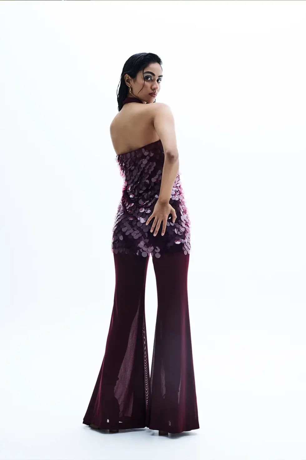 Drexa Wine Sequins Top And Flare Pants, Top And Pants Set, Wedding Dress, Woman Sleeveless Top, High Neck Sleeveless Top, Bottom Pants, Women Clothing, Party Wear Top And Bottom Set, Sepia Stories