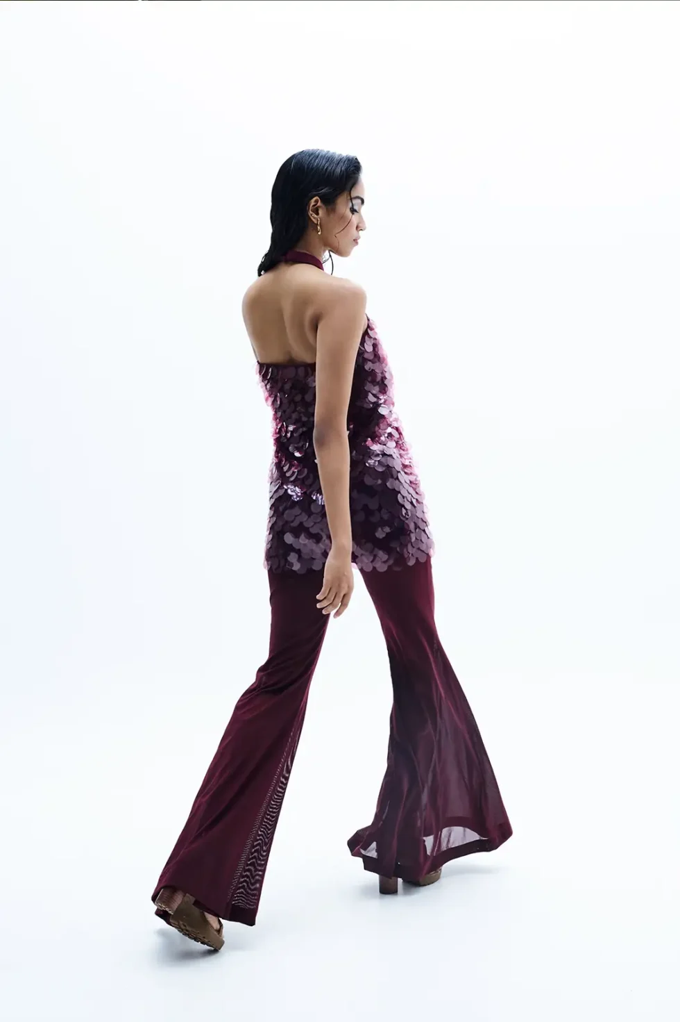 Drexa Wine Sequins Top And Flare Pants, Top And Pants Set, Wedding Dress, Woman Sleeveless Top, High Neck Sleeveless Top, Bottom Pants, Women Clothing, Party Wear Top And Bottom Set, Sepia Stories