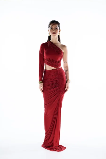 Elara Lycra Red One Shoulder Dress, Long Party Wear Dress For Women, Lycra Dress, One Shoulder Long Dress, Long Red Bodycon Dress, Red Gown For Party Wear, Sepia Stories