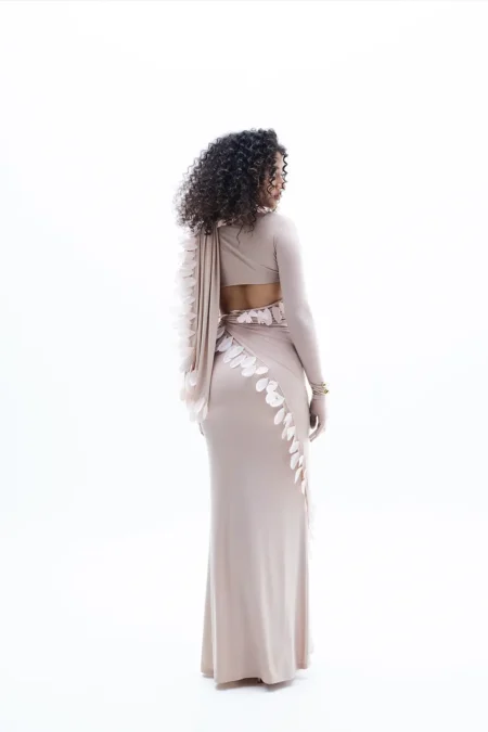 Elowen Powder Mauve Maxi Feather Dress, Feather Dress, Wedding Dress, New Style Saree Dress, Long Sleeve Blouse, Matching Top And Skirt Sets For Women, Sepia Stories