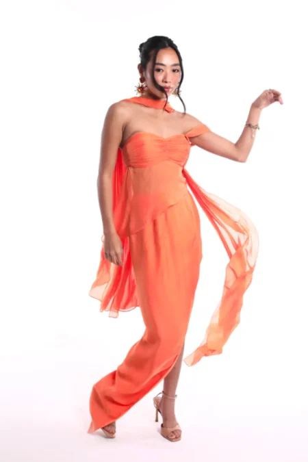 Ember Orange Flowy Chiffon Dress, Sleeveless Party Dress, Bustier Dress For Women, Side Slit Maxi Dress, Relaxed Dress, Tube Dress, Chiffon Gown Party Wear, Sepia Stories, Women Dress For Party, Beautiful Party Dresses For Ladies, Evening Party Dress, Loose Dress For Women, Orange dress,