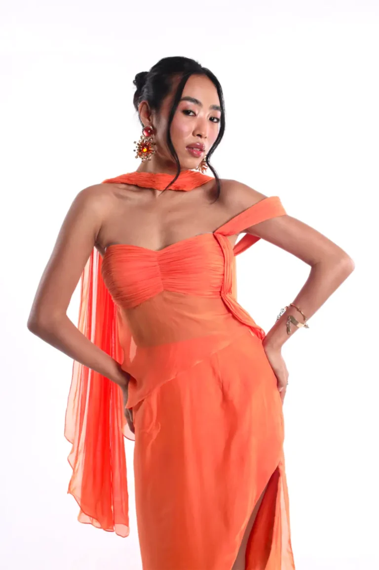 Ember Orange Flowy Chiffon Dress, Sleeveless Party Dress, Bustier Dress For Women, Side Slit Maxi Dress, Relaxed Dress, Tube Dress, Chiffon Gown Party Wear, Sepia Stories, Women Dress For Party, Beautiful Party Dresses For Ladies, Evening Party Dress, Loose Dress For Women, Orange dress,