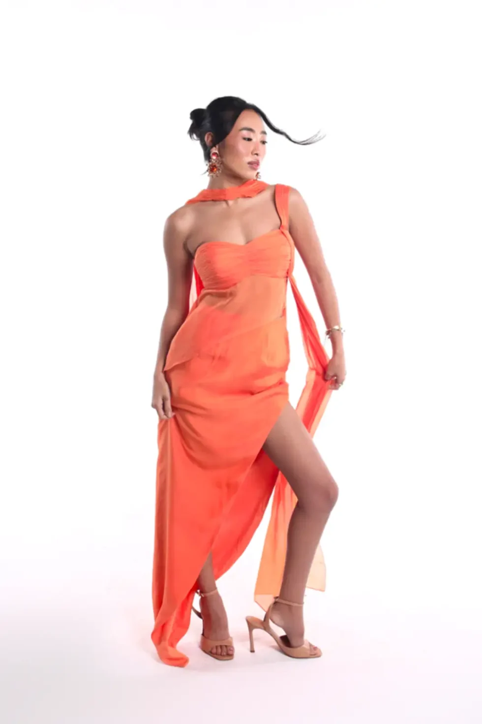 Ember Orange Flowy Chiffon Dress, Sleeveless Party Dress, Bustier Dress For Women, Side Slit Maxi Dress, Relaxed Dress, Tube Dress, Chiffon Gown Party Wear, Sepia Stories, Women Dress For Party, Beautiful Party Dresses For Ladies, Evening Party Dress, Loose Dress For Women, Orange dress,