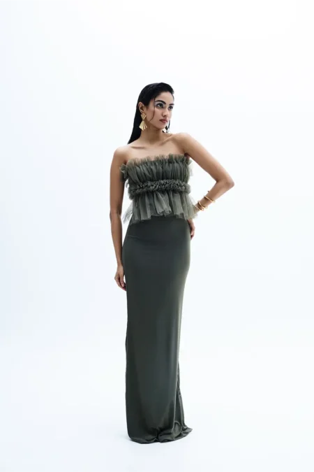 Evynne Military Green Ruffle Gown, Crepe Dress, Ruffle Gown For Women, Women Green Dress, Party Wear Long Dress, Party Wear Bodycon Dress, Sleeveless Long Dress, Sepia Stories