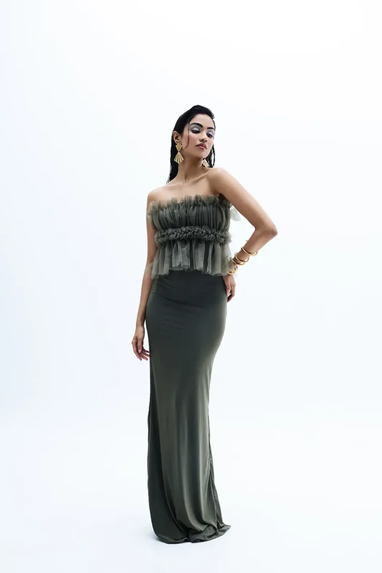 Evynne Military Green Ruffle Gown, Crepe Dress, Ruffle Gown For Women, Women Green Dress, Party Wear Long Dress, Party Wear Bodycon Dress, Sleeveless Long Dress, Sepia Stories