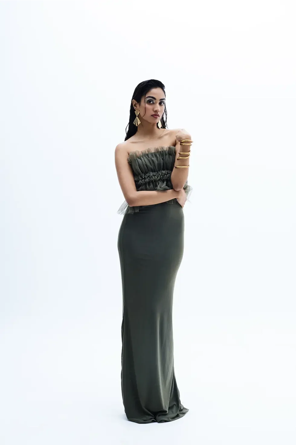 Evynne Military Green Ruffle Gown, Crepe Dress, Ruffle Gown For Women, Women Green Dress, Party Wear Long Dress, Party Wear Bodycon Dress, Sleeveless Long Dress, Sepia Stories