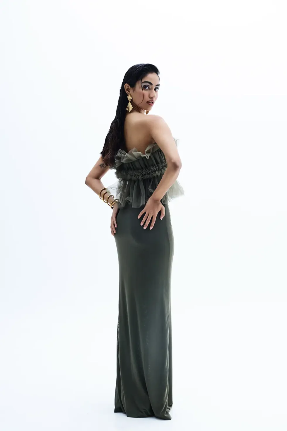 Evynne Military Green Ruffle Gown, Crepe Dress, Ruffle Gown For Women, Women Green Dress, Party Wear Long Dress, Party Wear Bodycon Dress, Sleeveless Long Dress, Sepia Stories