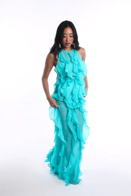 Fiora Chiffon Dress 3 Piece Set, 3 Piece Co Ord Set, Aqua Blue Dress, Sleeveless Long Gown For Women, Sleeveless Ladies Dress, Maxi Hot Night Dress For Honeymoon, Sepia Stories, Women Dress For Party, Beautiful Party Dresses For Ladies, Evening Party Dress, Backless Long Dress, Loose Dress For Women