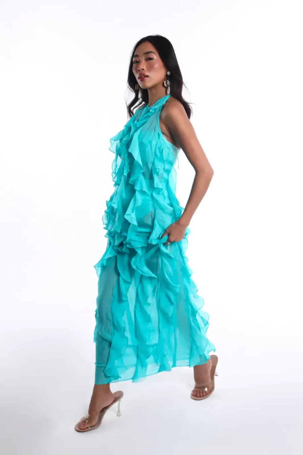 Fiora Chiffon Dress 3 Piece Set, 3 Piece Co Ord Set, Aqua Blue Dress, Sleeveless Long Gown For Women, Sleeveless Ladies Dress, Maxi Hot Night Dress For Honeymoon, Sepia Stories, Women Dress For Party, Beautiful Party Dresses For Ladies, Evening Party Dress, Backless Long Dress, Loose Dress For Women