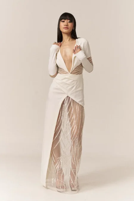 Garima GKD 010 Net Embroidered Dress, Western Style Dresses, V Neck Dresses For Women, Full Sleeve Dress For Women, Party Wear Dress For Women, White Dress With Embroidery, White Long Dress With Sleeves, Sepia Stories