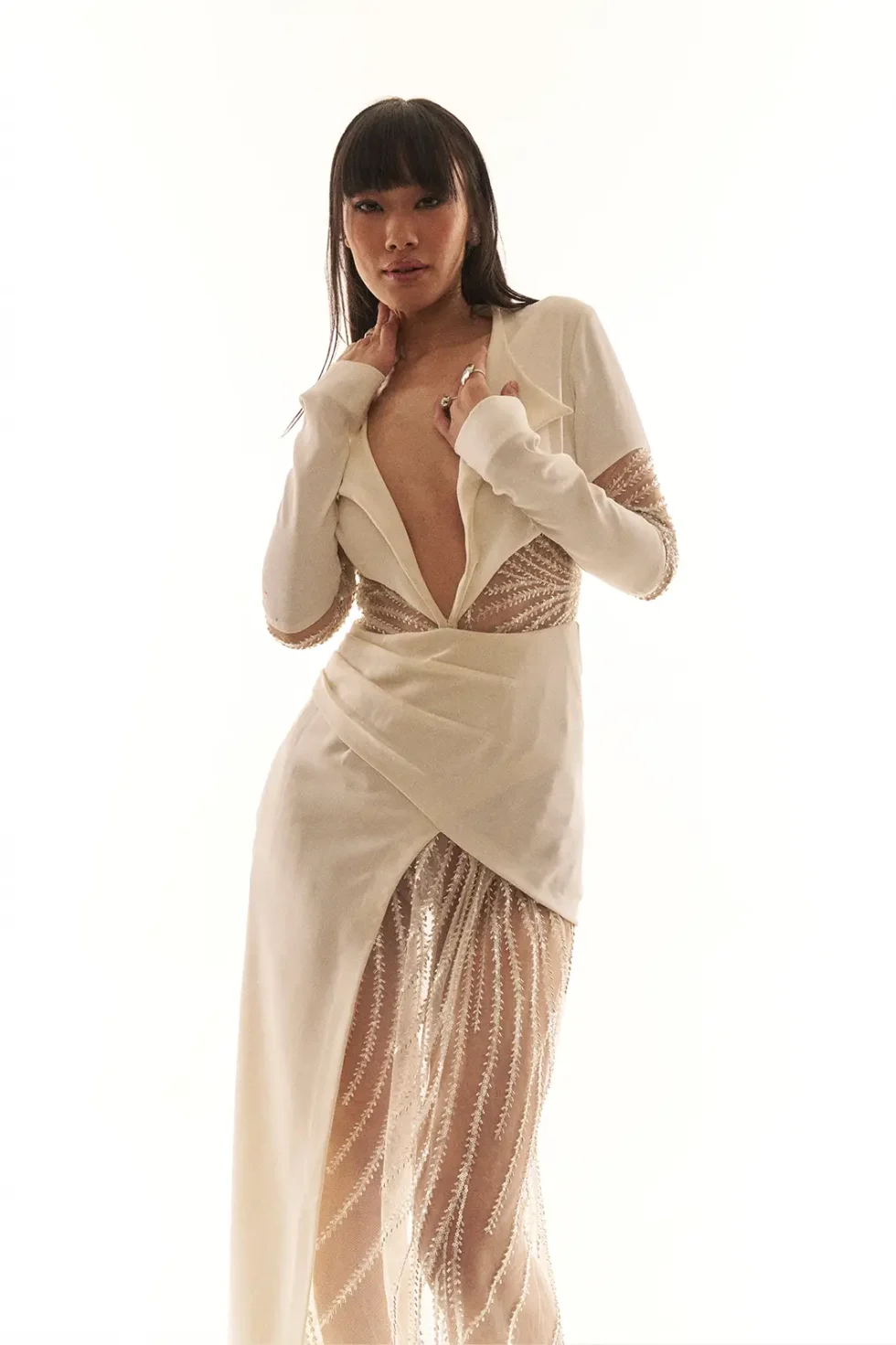 Garima GKD 010 Net Embroidered Dress, Western Style Dresses, V Neck Dresses For Women, Full Sleeve Dress For Women, Party Wear Dress For Women, White Dress With Embroidery, White Long Dress With Sleeves, Sepia Stories