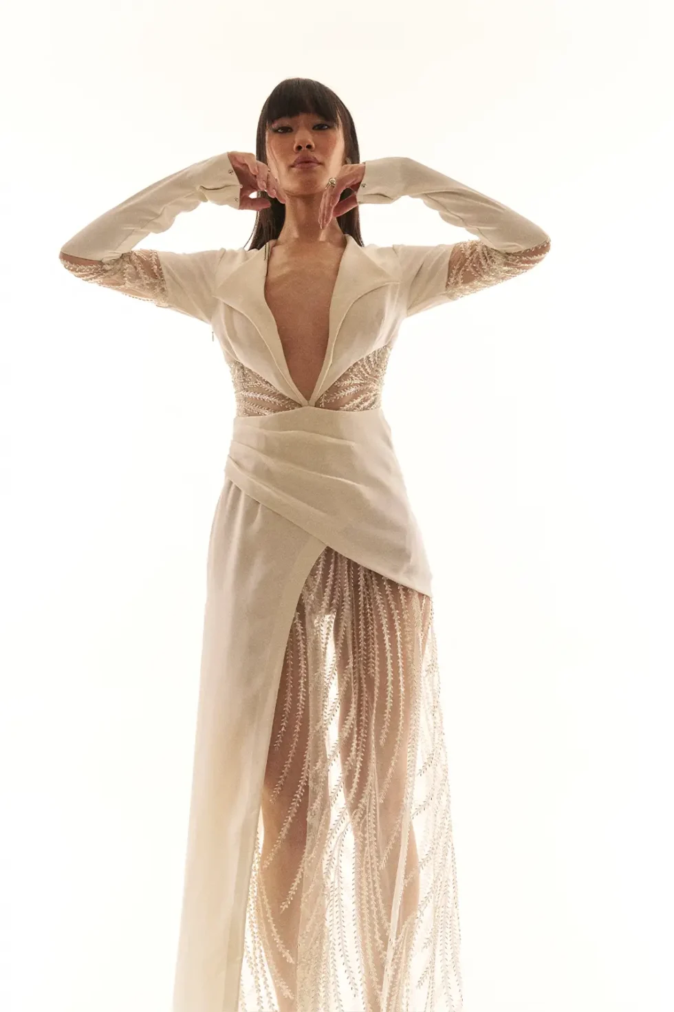 Garima GKD 010 Net Embroidered Dress, Western Style Dresses, V Neck Dresses For Women, Full Sleeve Dress For Women, Party Wear Dress For Women, White Dress With Embroidery, White Long Dress With Sleeves, Sepia Stories