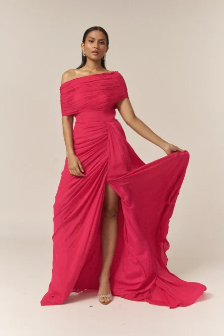 Garima GKD 011 One Shoulder Neckline Chiffon Dress, Pink Long Dress For Women, One Shoulder Dress For Women, One Shoulder Long Dress, Front Slit Dress, Front Slit Long Dress, Sepia Stories