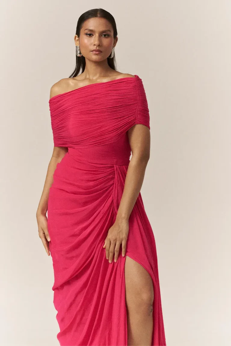 Garima GKD 011 One Shoulder Neckline Chiffon Dress, Pink Long Dress For Women, One Shoulder Dress For Women, One Shoulder Long Dress, Front Slit Dress, Front Slit Long Dress, Sepia Stories